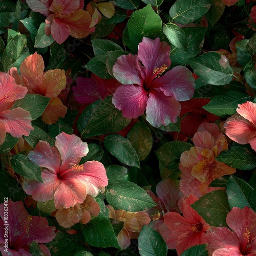 Vibrant hibiscus flowers with green leaves create a dense tropical floral pattern