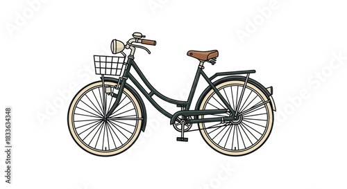 Classic Black Bicycle with Basket and Brown Leather Seat.