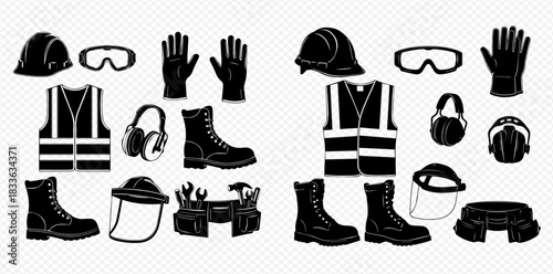 Collection of essential personal protective equipment and tools for industrial safety.