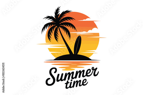 Black palm tree and surfboard on island against orange sunset and ocean waves summer vacation
