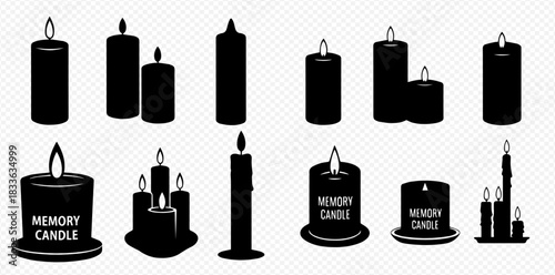 A collection of black silhouette icons depicting various burning candles, including pillar, tapered, and multi-wick designs, some labeled 'Memory Candle'.
