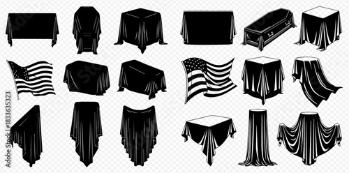 Collection of black draped objects, including covered tables, pedestals, a coffin, and American flags, presented as silhouettes.