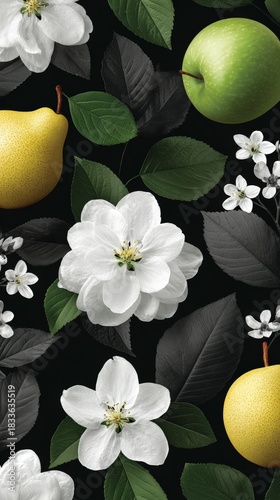 White blossoms green apple and yellow pear fruit scattered among dark leaves on a black background