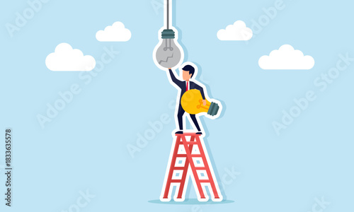 Businessman climbing a ladder to replace a broken lightbulb with a new one illustration of adapting and applying new business ideas and innovation