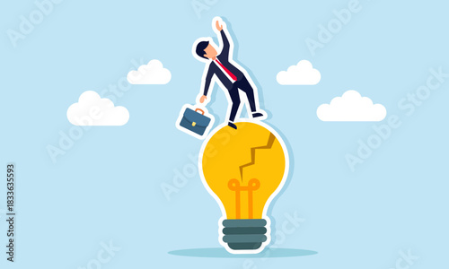 Businessman falling from a cracked and broken lightbulb illustration of failure in business idea and innovation implementation