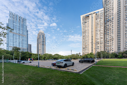 Photography city park with modern building background in shanghai