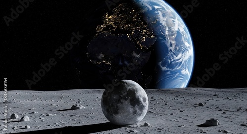 The moon and Earth in a night sky, with the Earth's continents illuminated by city lights.