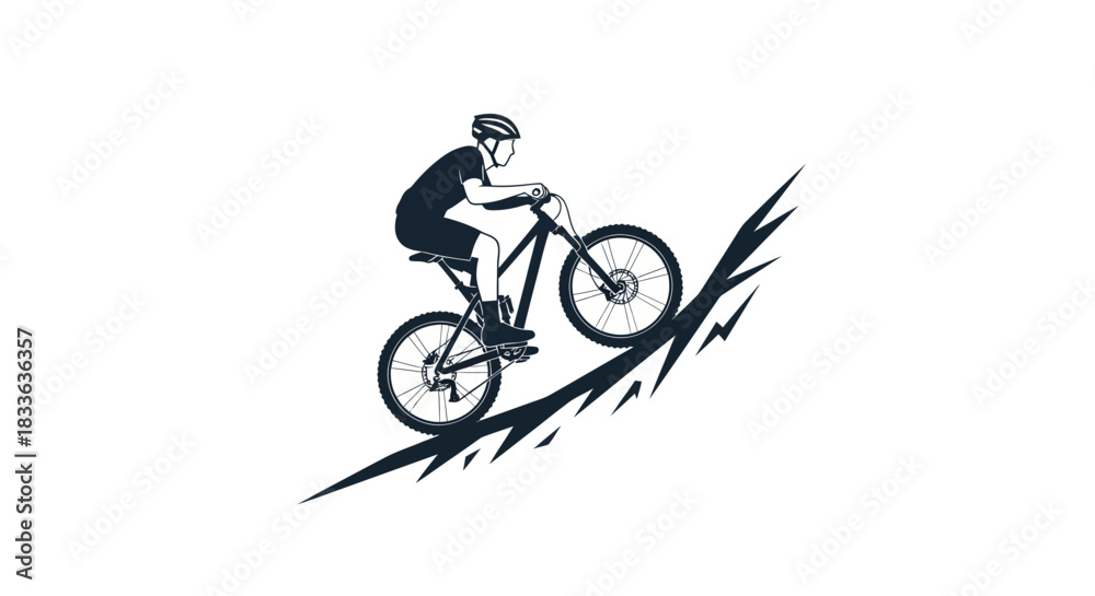 Obraz premium Silhouette of a mountain biker riding downhill with speed lines.