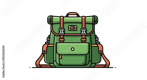 Vintage green hiking backpack with brown leather straps and buckles vector illustration.