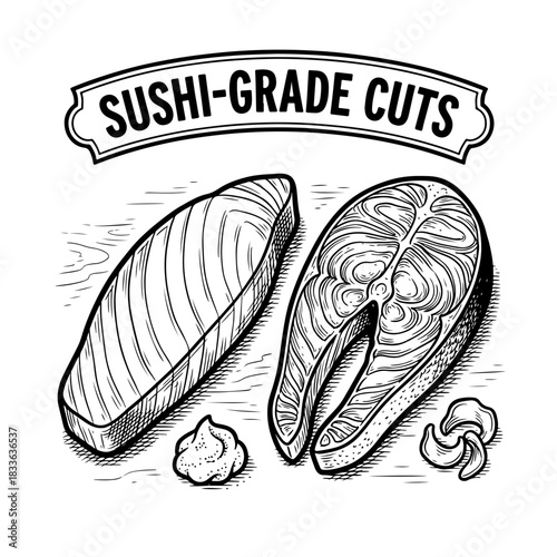 A vintage black and white illustration of sushi-grade salmon fillet and steak cuts with wasabi and ginger.