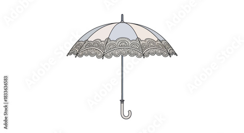 Elegant white and grey lace-trimmed umbrella with a curved handle.