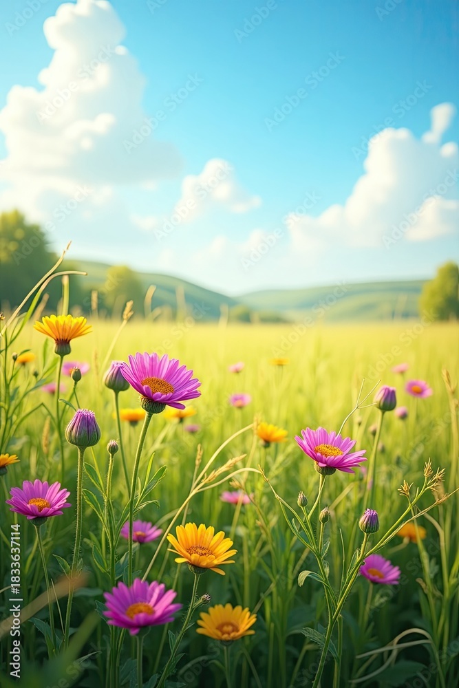 Obraz premium Vibrant wildflowers bloom in a sunlit meadow under a clear blue sky dotted with fluffy white clouds, showcasing a picturesque summer scene with various colors, including vivid pink, yellow, and green.