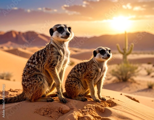 Fototapeta Naklejka Na Ścianę i Meble -  Two meerkats, one upright and the other sitting, watch the sunrise in a desert landscape with sand dunes and a cactus
