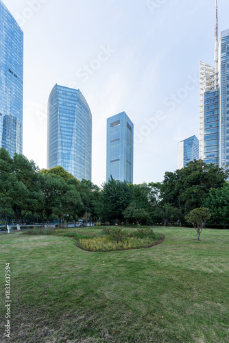 city park with modern building background in shanghai