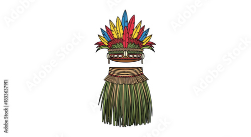 Colorful Tribal Feather Headdress and Natural Fiber Skirt Costume.