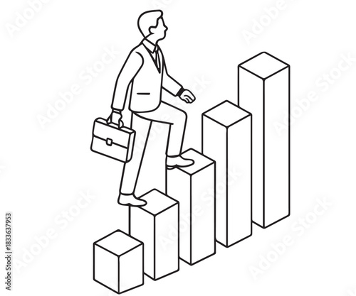 A clean vector artwork depicts a man steadily walking up massive business bar charts, symbolizing ongoing development, forward strategy, and confident movement in modern progress design.
