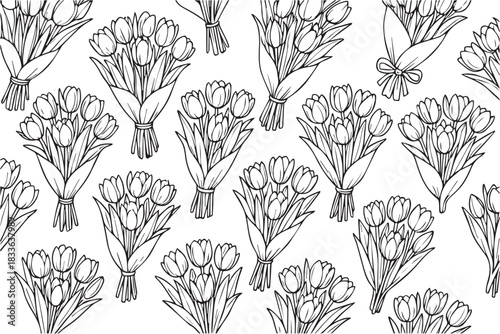 Vector background pattern formed by blooming bouquets arranged in a seamless rhythm, presenting elegant petals, subtle curves, and a balanced floral style suited for creative design projects.
