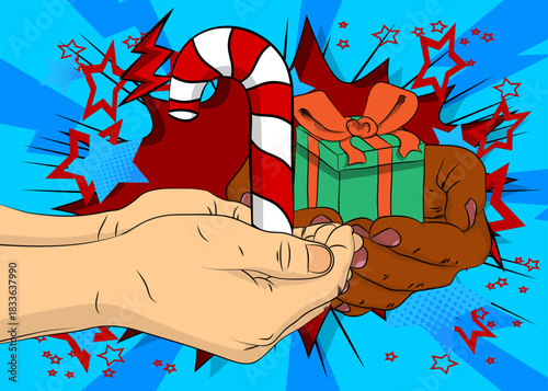 Cartoon, comic book human hands holding Gift Box and Candy cane. Retro vector comics pop art design.