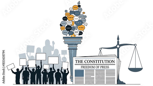 An illustration depicting freedom of speech, press, and justice with protesting crowds, a communication torch, a constitution newspaper, and scales of justice.