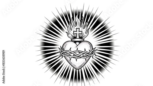 Sacred Heart illustration with crown of thorns, flames, and cross, surrounded by radiating light, in a black and white style.
