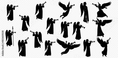 Collection of various angel silhouettes playing trumpets and holding staffs, with and without wings, on a transparent background.