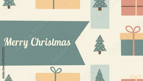 Merry christmas holiday season greeting card with christmas trees and gifts vector illustration design