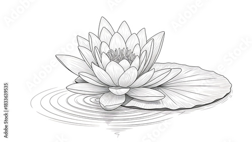 Detailed black and white pencil sketch of a beautiful water lily flower floating on water with ripples and a lily pad.