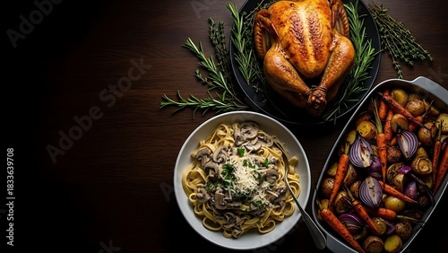 Hearty roasted chicken, creamy mushroom pasta, root vegetables