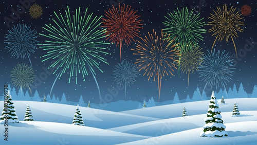 Winter holiday landscape with fireworks display for new year celebration vector background image with trees