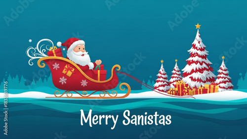Santa claus sleigh ride christmas tree gifts holiday season vector illustration background image for design