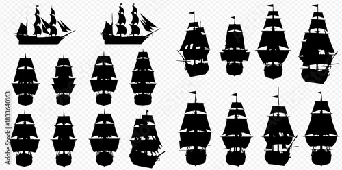 Collection of black silhouettes depicting various classic sailing ships from side and stern views on a transparent background.
