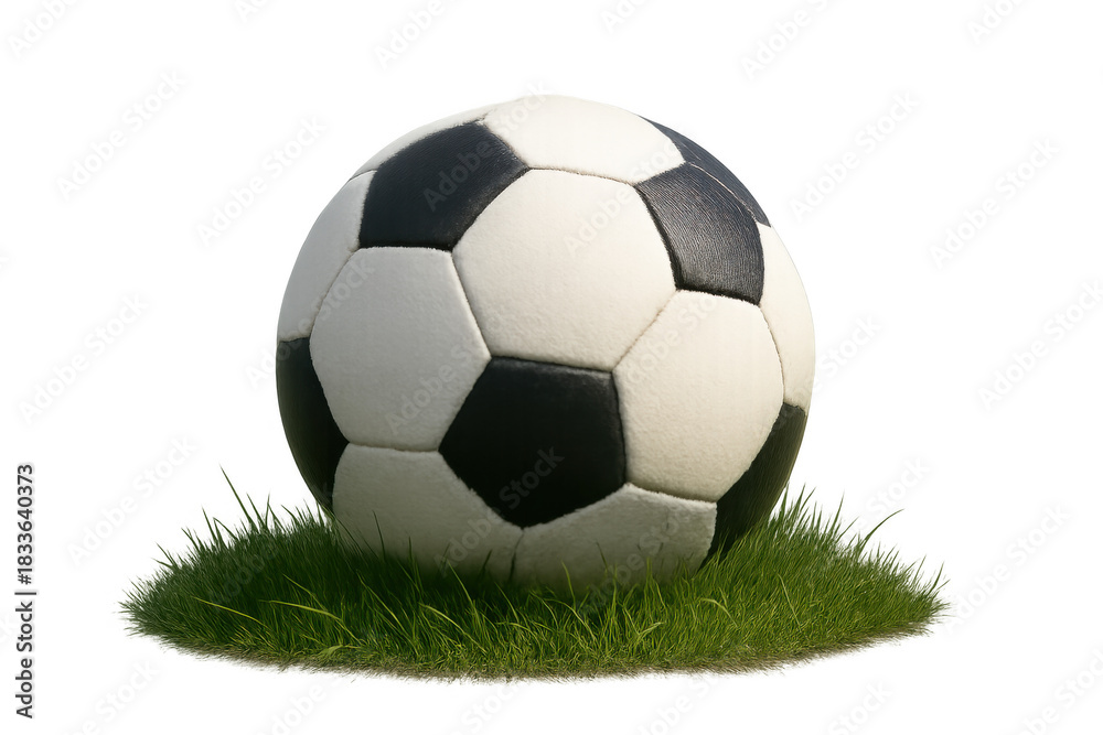 Fototapeta premium Soccer ball resting on a patch of green grass, classic black and white design for a sport and game concept
