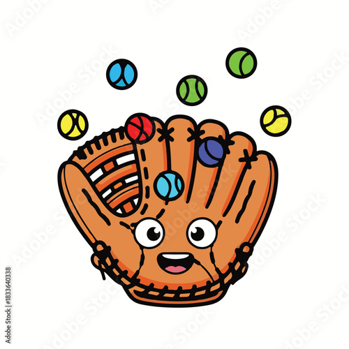 Cute Cartoon Baseball Glove Juggling Colorful Balls, a Playful Sports Mascot Character Vector Illustration