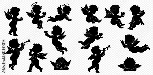 Collection of black cupid and cherub silhouettes in various poses, some with halos, trumpets, and hearts, on a transparent background.