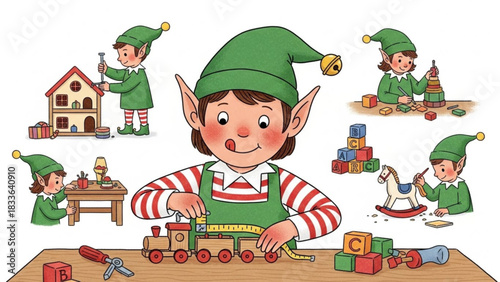 Charming Christmas elves crafting toys with care and joy, perfect for holiday cheer and heartwarming seasonal promotions, originally a scalable graphic