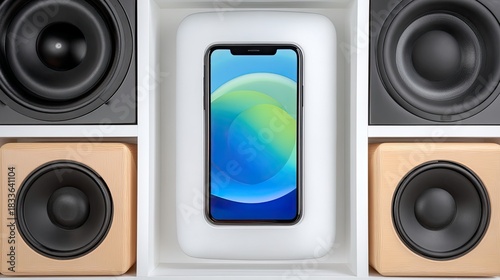 A smartphone is displayed in a white compartment, surrounded by speakers in a modern, minimalist setting. The image has a clean, contemporary aesthetic.