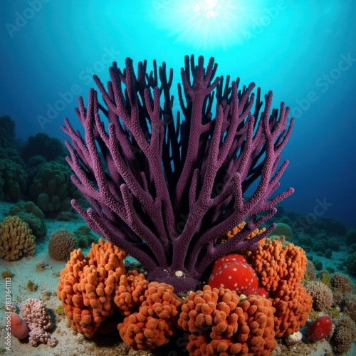 Vibrant purple sea fan coral surrounded by orange sponges underwater