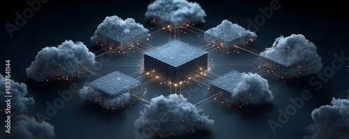 A digital illustration of a centralized data storage unit surrounded by network nodes, symbolizing cloud computing and data management.