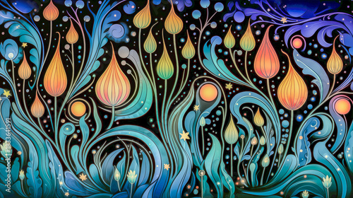 Stylized flowers glow among swirling blue leaves in a dreamlike cosmic botanical scene.