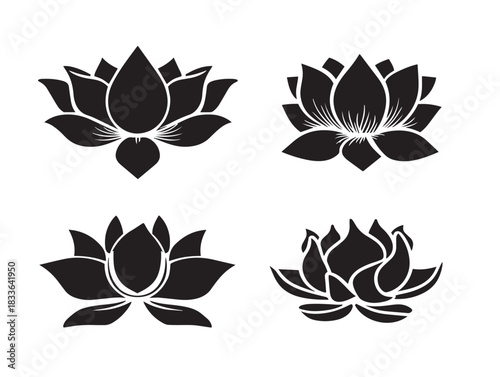 A stunning set of four beautiful lotus flower silhouette vector icons