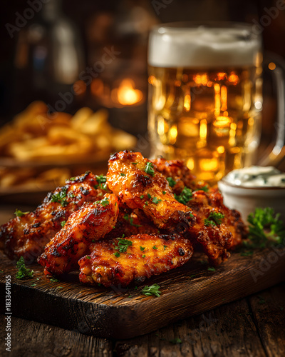 Fototapeta Naklejka Na Ścianę i Meble -  delicious chicken wings with a beer. Tasty poultry appetizer alongside an alcoholic beverage pub fare eatery refreshment snack gastronomy flavor treat indulgence brew drink