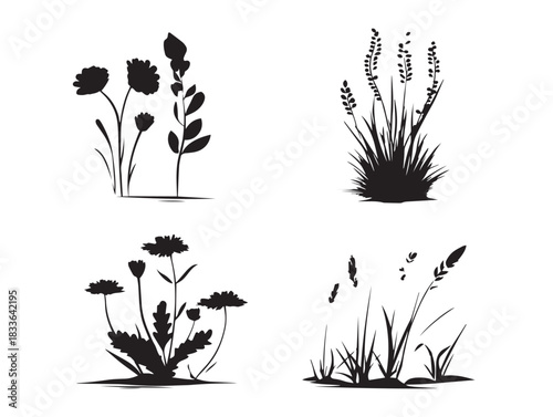 A stunning set of four gorgeous meadow scene silhouette vector icons
