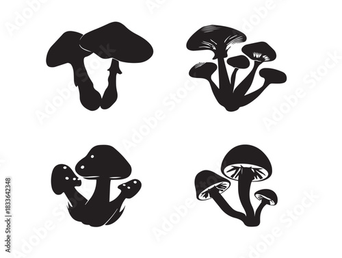 A lovely set of four magical mushroom cluster silhouette vector icons