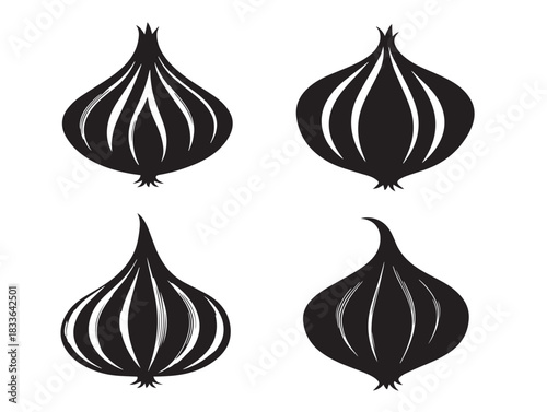A stunning set of four elegant onion with roots silhouette vector icons