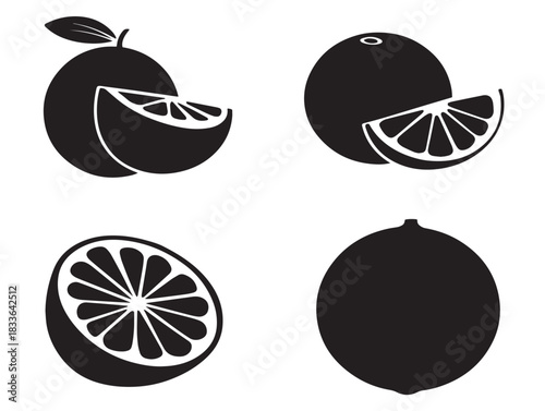 A beautiful set of four juicy orange fruit silhouette vector icons