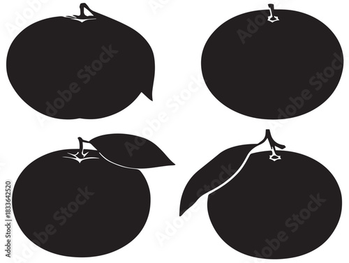 A gorgeous set of four fresh orange with leaf silhouette vector icons