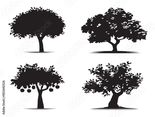 A stunning set of four lovely fruit orchard landscape silhouette vector icons