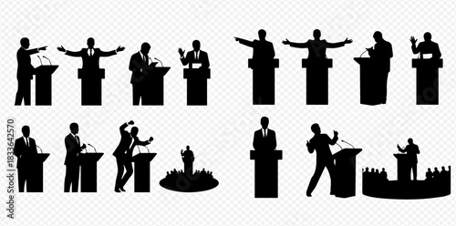 Collection of diverse silhouettes depicting public speakers and politicians at podiums and addressing crowds.