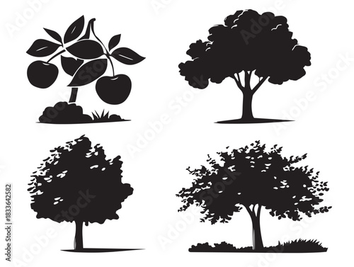 An elegant set of four classic orchard silhouette vector icons in solid black