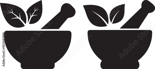 Two mortar and pestle with leaves silhouette